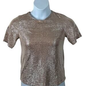 Monteau Champagne Metallic Textured Short Sleeve Top Keyhole Back Shimmer Event